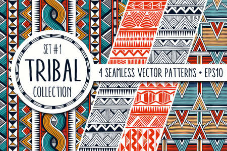 Colorful ethnic patterns collection. Set of 4 modern abstract seamless backgrounds.のイラスト素材