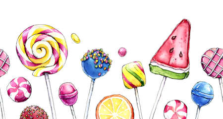 Hand drawn watercolor illustration of colorful candies.の写真素材