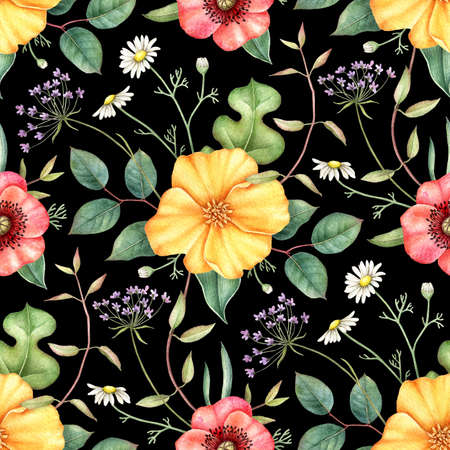 Seamless floral pattern with wildflowers on dark background. Hand drawn watercolor illustration.
