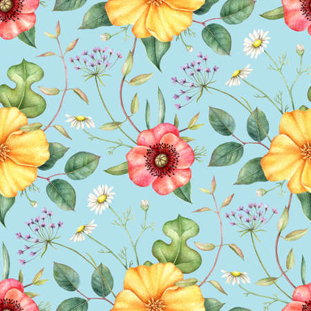 Seamless pattern with wildflowers and herbs. Hand drawn watercolor illustration on blue background.の写真素材