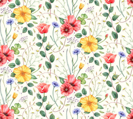 Seamless pattern with wildflowers: poppy, cornflower, chamomile and herbs. Hand drawn  illustration for fabric, wrapping, wallpapers and other designs. Floral botanical print.の写真素材