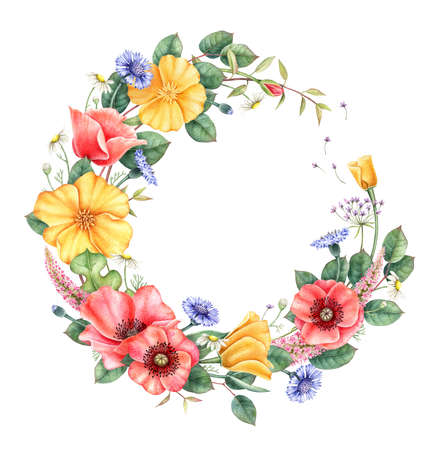 Floral frame with wild flowers. Hand drawn watercolor design element.の写真素材
