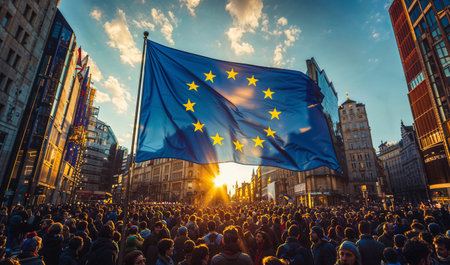 A large gathering of people fills a city square, a European Union flag waving prominently as the sun sets in the backgroundの素材