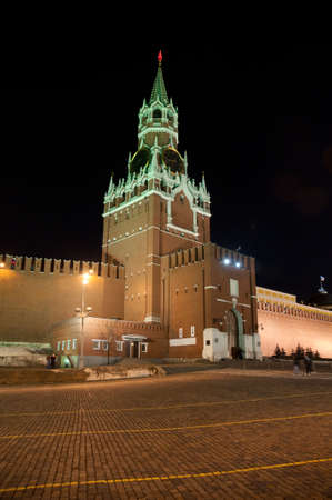 Spasskaya Tower of Moscow Kremlin at Nightの写真素材