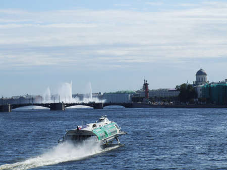 Fountain on the river Neva in the centre of St.-Petersburgの写真素材