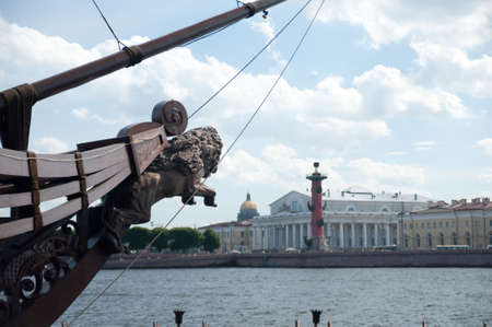 Lion-shaped rostrum on Neva river, St Petersburg, Russiaの写真素材
