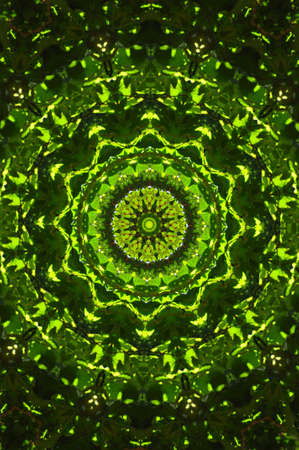 Green kaleidoscope made of diffused rectangles. Illustration made on computer.