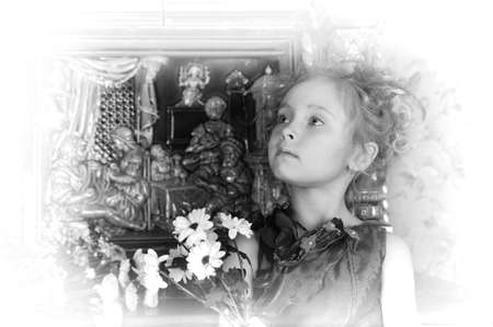 portrait of a girl with a bouquet of flowersの写真素材