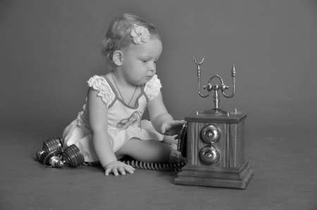 child and retro phoneの写真素材