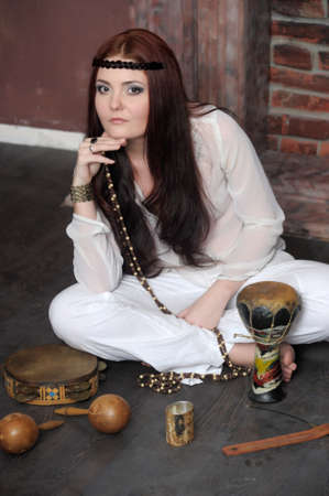 Hippie style portrait of beautiful girlの写真素材