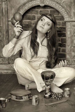 Hippie style portrait of beautiful girlの写真素材