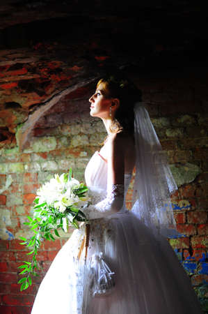 Bride on the ruins of a brick houseの写真素材