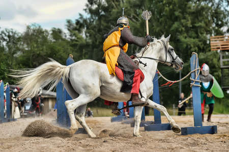 Knight on the horse taking part in tournament reconstruction, St  Petersburg, Russiaのeditorial素材