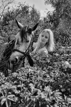 blonde with a horse among the bushes of a blooming rose hipsの写真素材