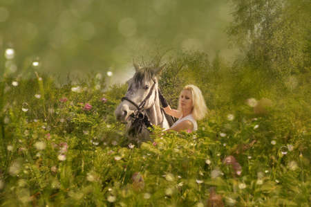 blonde with a horse among the bushes of a blooming rose hipsの写真素材