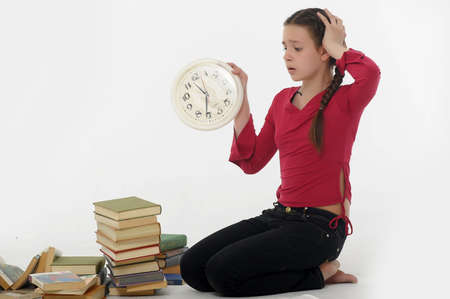 girl with clock and books