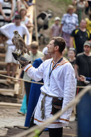falconers, medieval festival in Vyborg, Russiaのeditorial素材