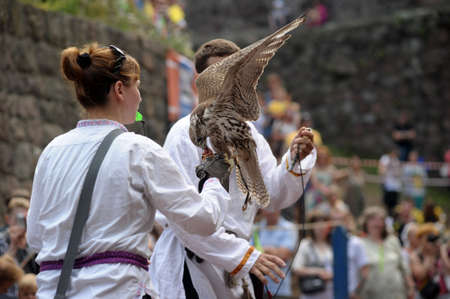 falconers, medieval festival in Vyborg, Russiaのeditorial素材