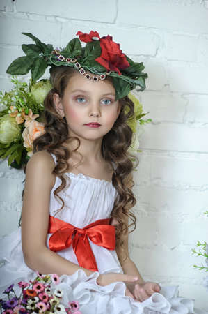 Vintage Girl with Flowersの写真素材