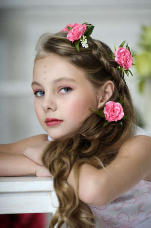 Vintage Girl with Flowersの写真素材