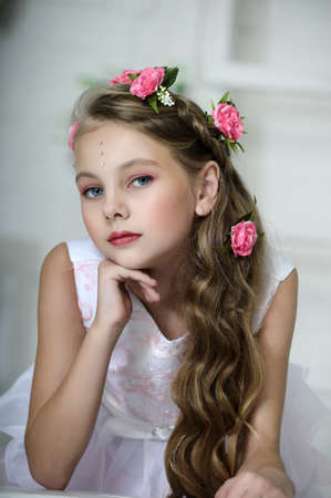 Vintage Girl with Flowersの写真素材