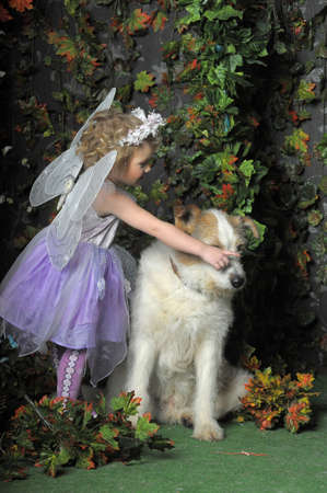 girl with butterfly wings and a dogの写真素材
