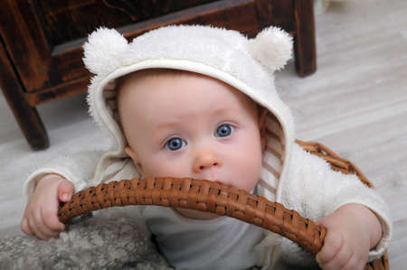Baby in basketの写真素材