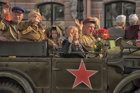 Young people in the form of infantrymen of the Second World War  The parade of veterans of World War II on the Nevsky Prospect, St  Petersburg, Russia, May 9, 2013のeditorial素材