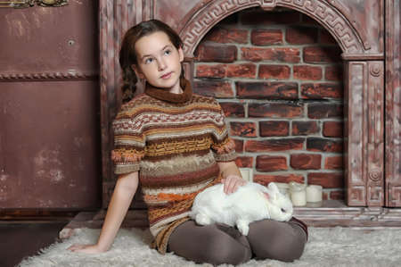 girl with white rabbitの写真素材