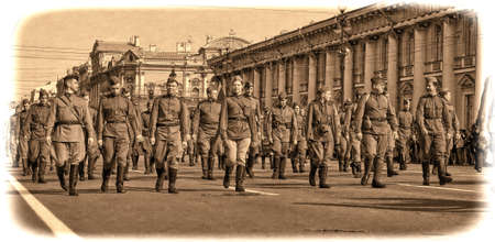 Young people in the form of infantrymen of the Second World War  The parade of veterans of World War II on the Nevsky Prospect, St  Petersburg, Russia, May 9, 2013 のeditorial素材