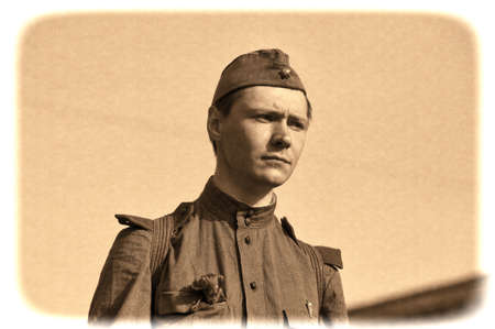 Young people in the form of infantrymen of the Second World War  The parade of veterans of World War II on the Nevsky Prospect, St  Petersburg, Russia, May 9, 2013 のeditorial素材