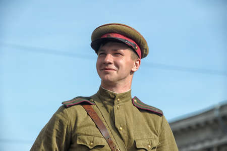Young people in the form of infantrymen of the Second World War  The parade of veterans of World War II on the Nevsky Prospect, St  Petersburg, Russia, May 9, 2013 のeditorial素材