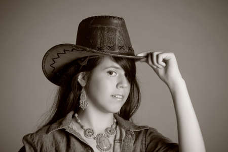 Young girl wearing cowboy hatの写真素材