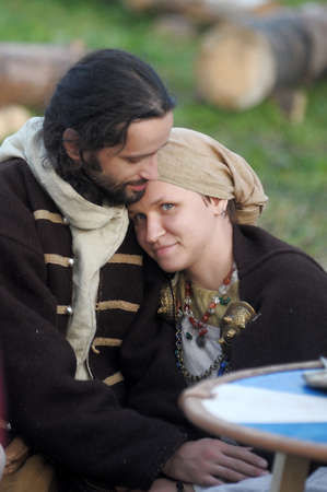 Medieval feast, the festival of historical reconstruction of the early Middle Ages, Volkhov, Russiaのeditorial素材