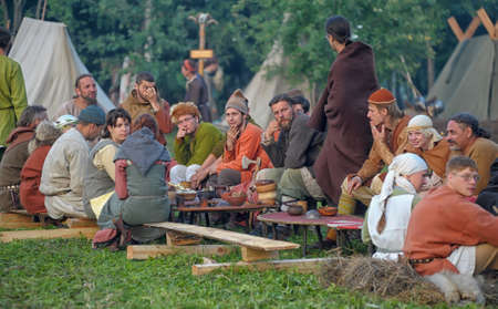 Medieval feast, the festival of historical reconstruction of the early Middle Ages, Volkhov, Russiaのeditorial素材