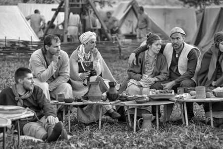 Medieval feast, the festival of historical reconstruction of the early Middle Ages, Volkhov, Russiaのeditorial素材