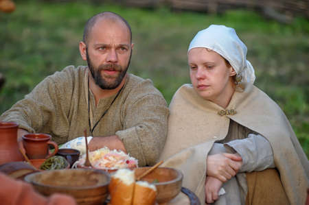 Medieval feast, the festival of historical reconstruction of the early Middle Ages, Volkhov, Russiaのeditorial素材