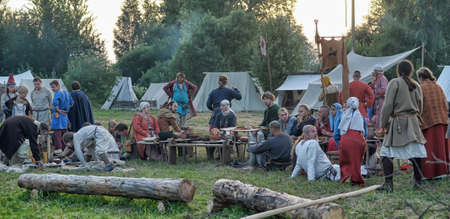 Medieval feast, the festival of historical reconstruction of the early Middle Ages, Volkhov, Russiaのeditorial素材
