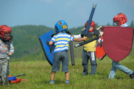 children fighting with shieldのeditorial素材