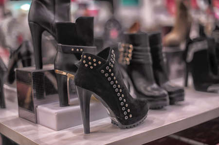 Shelves with shoes in supermarketのeditorial素材