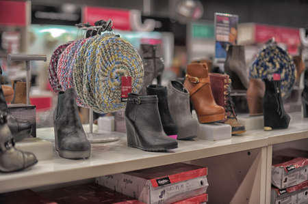 Shelves with shoes in supermarketのeditorial素材