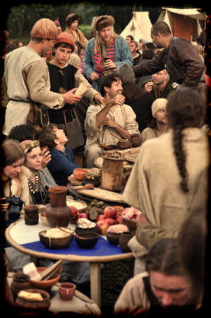 Medieval feast, the festival of historical reconstruction of the early Middle Ages, Volkhov, Russiaのeditorial素材