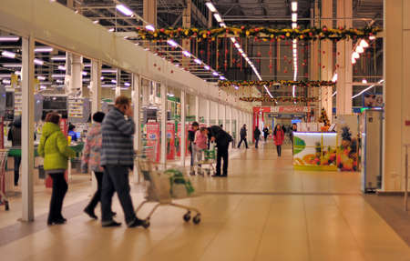 This picture shows a supermarket entrance and cashier desk in Petersburg, Russia のeditorial素材