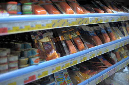 Canned fish and salted fish in supermarketのeditorial素材