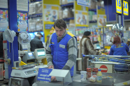 This picture shows a supermarket entrance and cashier desk in Petersburg, Russia のeditorial素材
