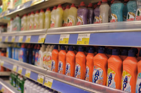 Cleaning products for sale in a big supermarket のeditorial素材