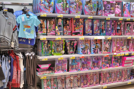 Shelves full of children toys in a Italian toys shop in Petersburg  Russiaのeditorial素材