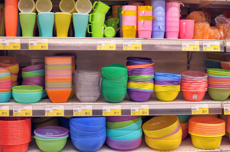 Bright plastic tableware selling in a supermarket 