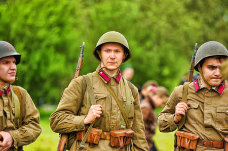 Member of military history club Red Star  Russian soldiers  Historical military reenacting in Petersburg , Russiaのeditorial素材