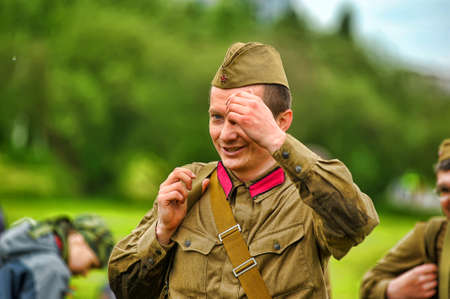 Member of military history club Red Star  Russian soldiers  Historical military reenacting in...